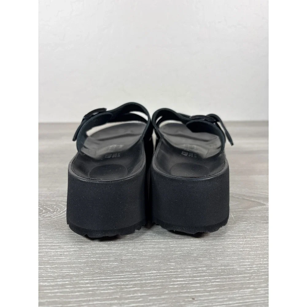 Papillio by Birkenstock Almina Exquisite Black Leather Platform Slide Sandals 40